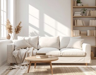 Fototapeta premium Living room with beige sofa, bookshelves, and Scandinavian minimalist interior in warm daylight.