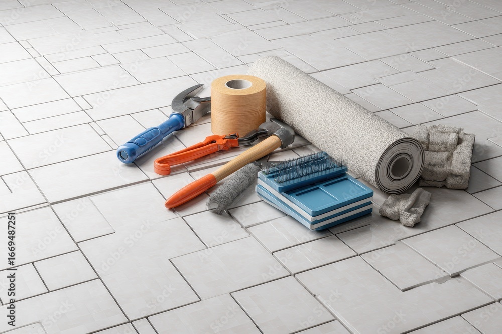 Poster tools for installing ceramic floor tiles arranged on a surface with new tiles ready for placement in