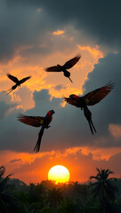 Orange sun sets over the ocean, casting silhouettes of flying birds against a beautiful sky