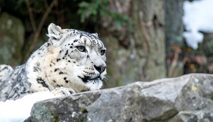 Fototapeta premium A snow leopard rests on a rock, gazing to the side, in a snowy environment