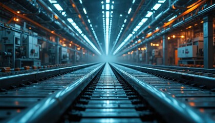 Fototapeta premium Perspective view of factory interior with steel railway tracks leading into blue hazy distance. Automated machinery, industrial lighting with orange accents, metal pipes suggest manufacturing,