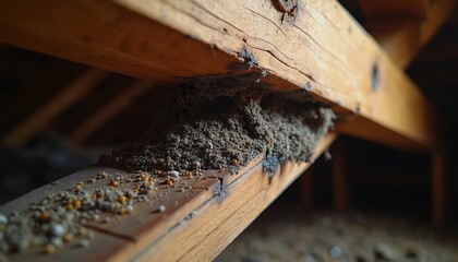 Termite damage on wooden beam within attic structure. Close-up shows insect infestation, wood decay, structural deterioration of timber. Indicates pest problem, rot, erosion, potential construction