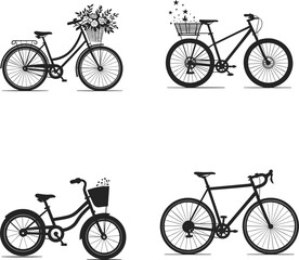 Set of four different bicycle silhouettes with baskets, flowers, stars, child bike, vintage and modern styles, isolated on white background, vector illustration.
