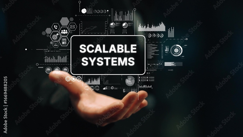 Poster modern visualization of scalable systems with data charts and analytics in a business environment. a