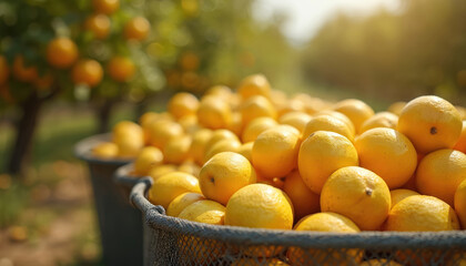 Freshly picked yellow lemons fill harvest bins at a sunny fruit farm. Ripe citrus fruit ready for processing and export, signifying abundance and quality. Agriculture industry scene.