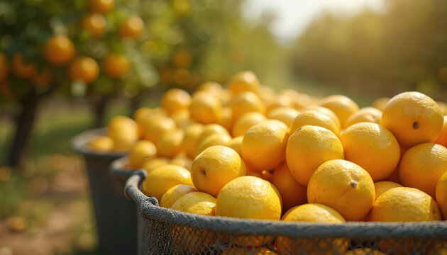 Freshly picked yellow lemons fill harvest bins at a sunny fruit farm. Ripe citrus fruit ready for processing and export, signifying abundance and quality. Agriculture industry scene.