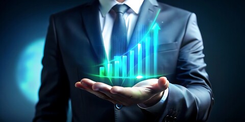 Businessman presents growing financial data visualization