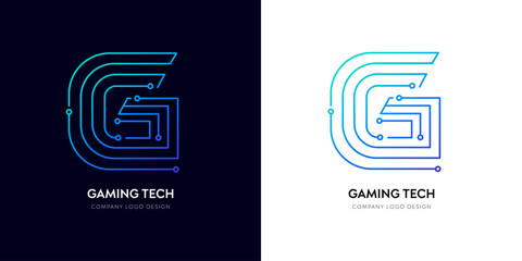 G letter network logo design for Game tech innovation. Futuristic typographic alphabet logo, Data technology font corporate brand circuit vector. Future techno gradient electricity cyber text line.