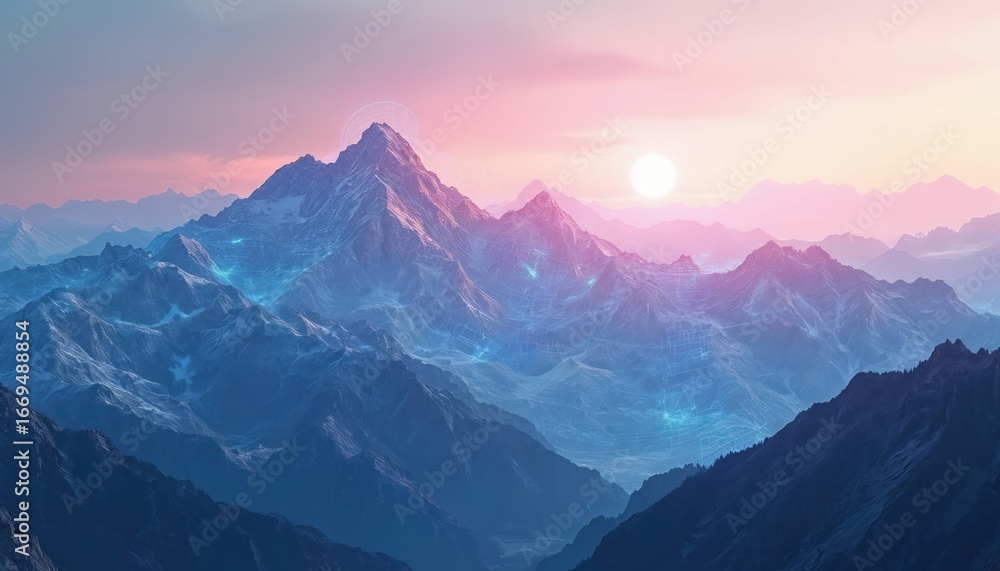 Poster digital mountain range at sunset, illuminated by a neon grid overlay. explores themes of virtual lan