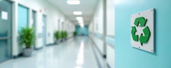 Hospital corridor displays eco-friendly signage with green recycling symbol. Recycled materials promote sustainability. Indoor environment focuses on patient safety and environmental impact reduction.