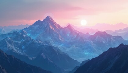 Digital mountain range at sunset, illuminated by a neon grid overlay. Explores themes of virtual landscapes, digital twins, and technological innovation in three-dimensional modeling.