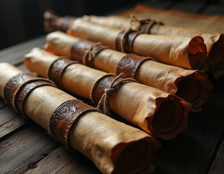 Ancient scrolls or parchment, tied with string and leather bands, lie on a wooden surface. These historical documents evoke scriptural accounts, possibly religious texts or traditional writings.
