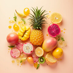 "Fresh Tropical Fruits Flat Lay on Pastel Background"