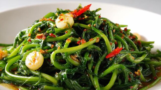 Sauteed Water Spinach Delight: A culinary creation, featuring vibrant water spinach perfectly sauteed, garnished with garlic and a touch of red chili peppers.