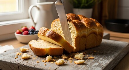 Freshly baked brioche loaf being sliced on a wooden cutting board with berries food item background