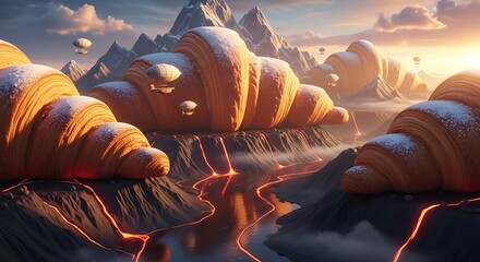 Giant croissants nestled in a surreal mountain landscape with lava rivers food item background
