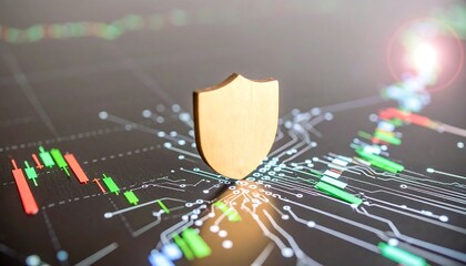 Wooden Shield Guarding Stock Market Data on a Circuit Board Background
