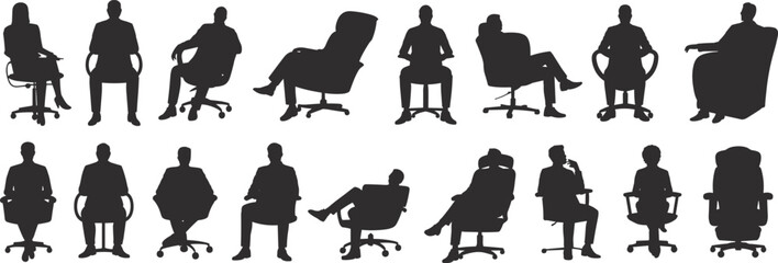 Silhouettes of business people sitting on office chairs, various postures and poses, perfect for corporate, workplace, and business communication themes.