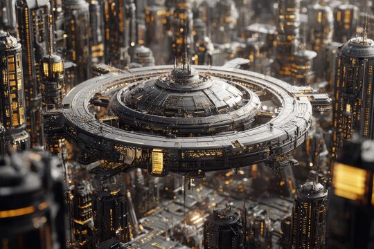 Futuristic cityscape with hovering circular station