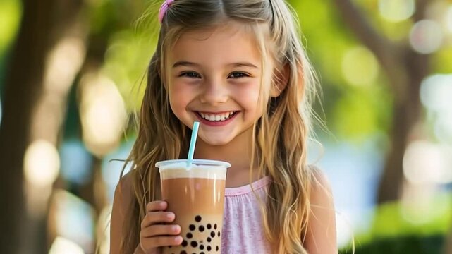 Smiling young girl with long blonde hair holding a bubble tea drink. She wears a light pink dress and enjoys a sunny day outdoors.