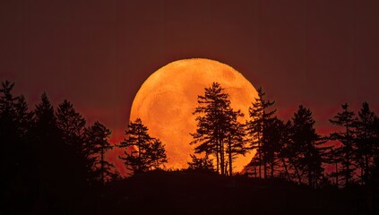 Full moon rises behind silhouettes of trees