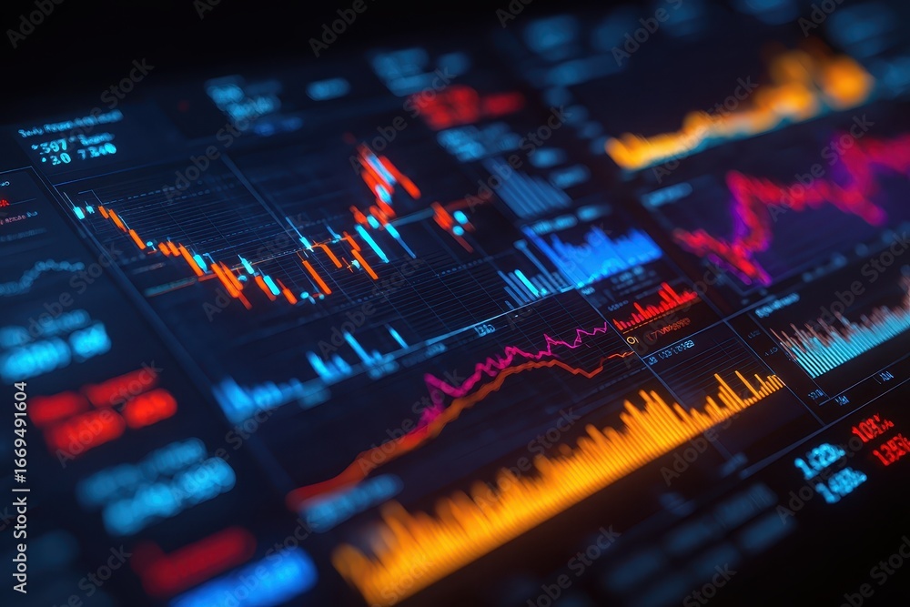Poster futuristic digital display showcasing vibrant financial data with colorful graphs and charts illustr