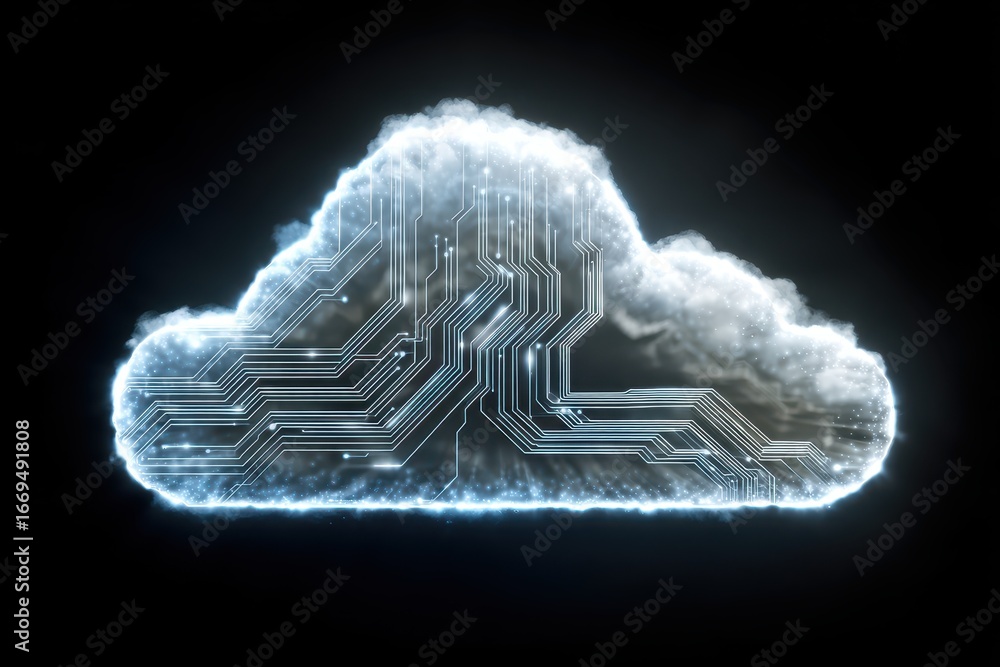 Poster glowing cloud symbol with circuit lines exhibiting modern technology in a dark environment represent