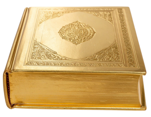 Angled Side View of Antique Gold Book with Detailed Embossing, Isolated PNG