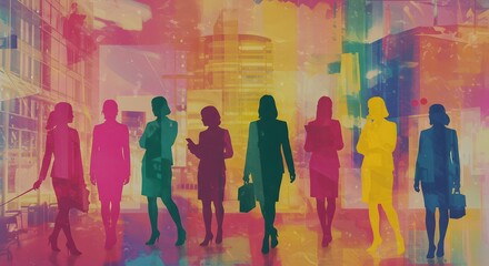 Naklejka premium Empowering Women Silhouette Figures in a Colorful Cityscape