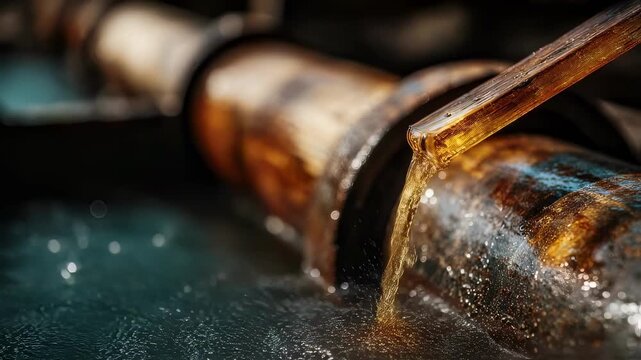 Medium angle capturing juice dripping from crushed sugarcane between rotating rollers centerfocused on the glossy liquid while the surrounding mill structure fades into blur.