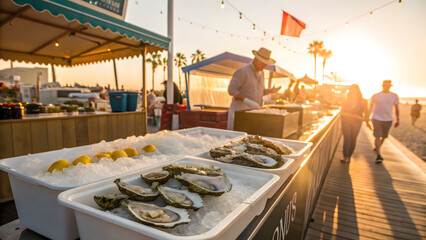 Seaside Oyster Delight: At a seaside stall, a chef presents a fresh assortment of oysters alongside glistening lemons, bathed in the warm hues of the setting sun.