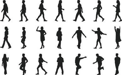 Silhouettes of diverse people walking and standing, male and female figures, various poses and gestures, isolated on white background, vector illustration, lifestyle movement.