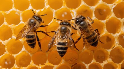 Three busy bees working diligently inside a vibrant honeycomb close-up view