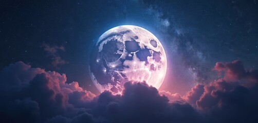Full moon rises through cosmic clouds, illuminating Milky Way galaxy. Starry night sky, celestial bodies, nebulae create dreamy, awe-inspiring atmosphere. Perfect for astronomy, science, fantasy