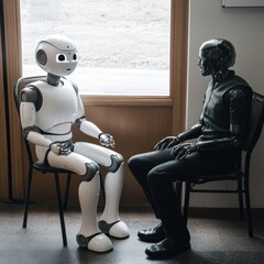 A person and a robot wait for a job interview. It shows how AI is competing with humans for jobs.
