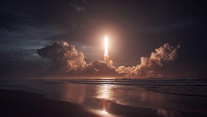 Rocket launch over a tranquil beach at dawn