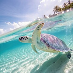 Fototapeta premium Majestic albino sea turtle glides through crystal clear tropical waters under sunny skies