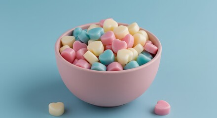 Colorful heart-shaped candies in a pink bowl on a blue surface