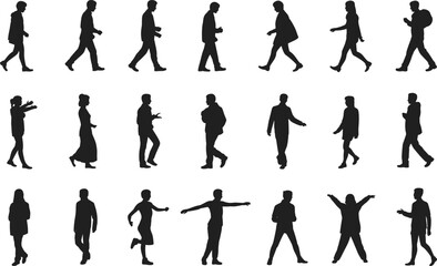 Silhouettes of walking and standing people in various poses, male and female figures, isolated on white background, diverse human activity vector illustration.