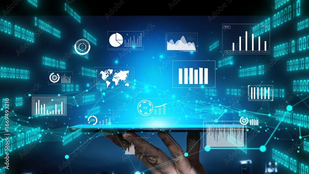 Poster a person holds a tablet displaying a stunning digital interface filled with data visualizations, gra