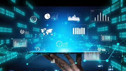 A person holds a tablet displaying a stunning digital interface filled with data visualizations, graphs, and network elements, signifying modern analytics and technology trends. Xenic