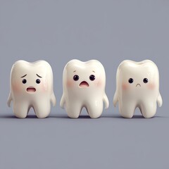 cartoon images of three teeth smiling on colorful background, dentinst asset
