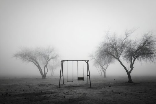 Foggy playground, empty swing