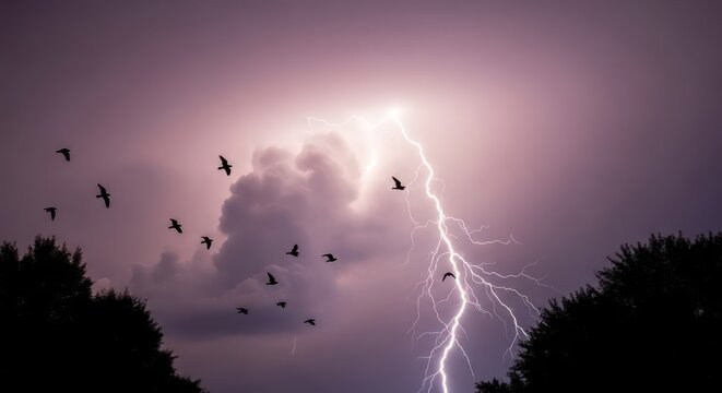 Birds in Flight During a Dramatic Lightning Storm