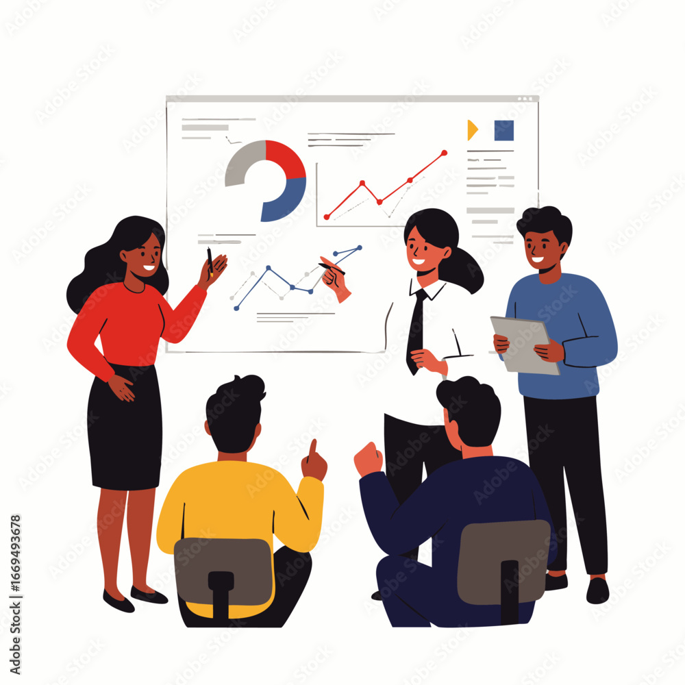 Poster a diverse team collaborates on a data-driven presentation, analyzing charts and graphs to strategize
