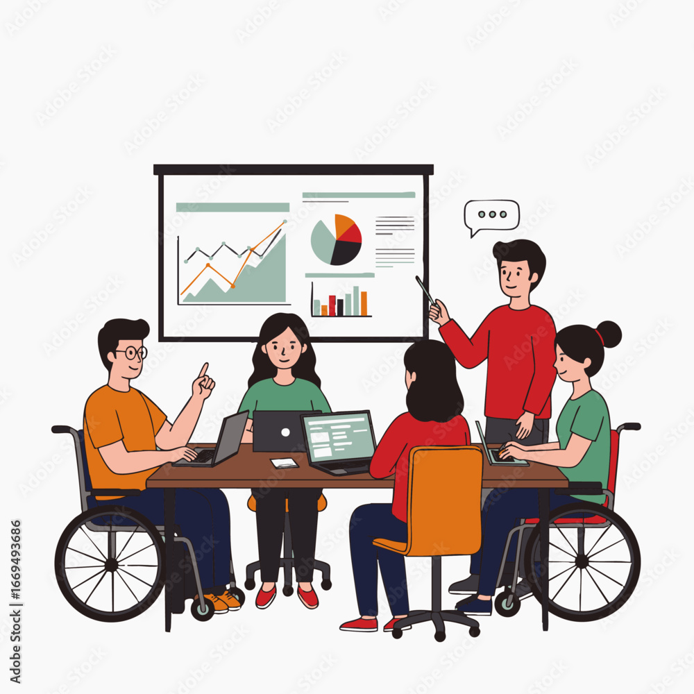 Poster diverse team collaborates actively in an inclusive office meeting, analyzing data on a projector scr