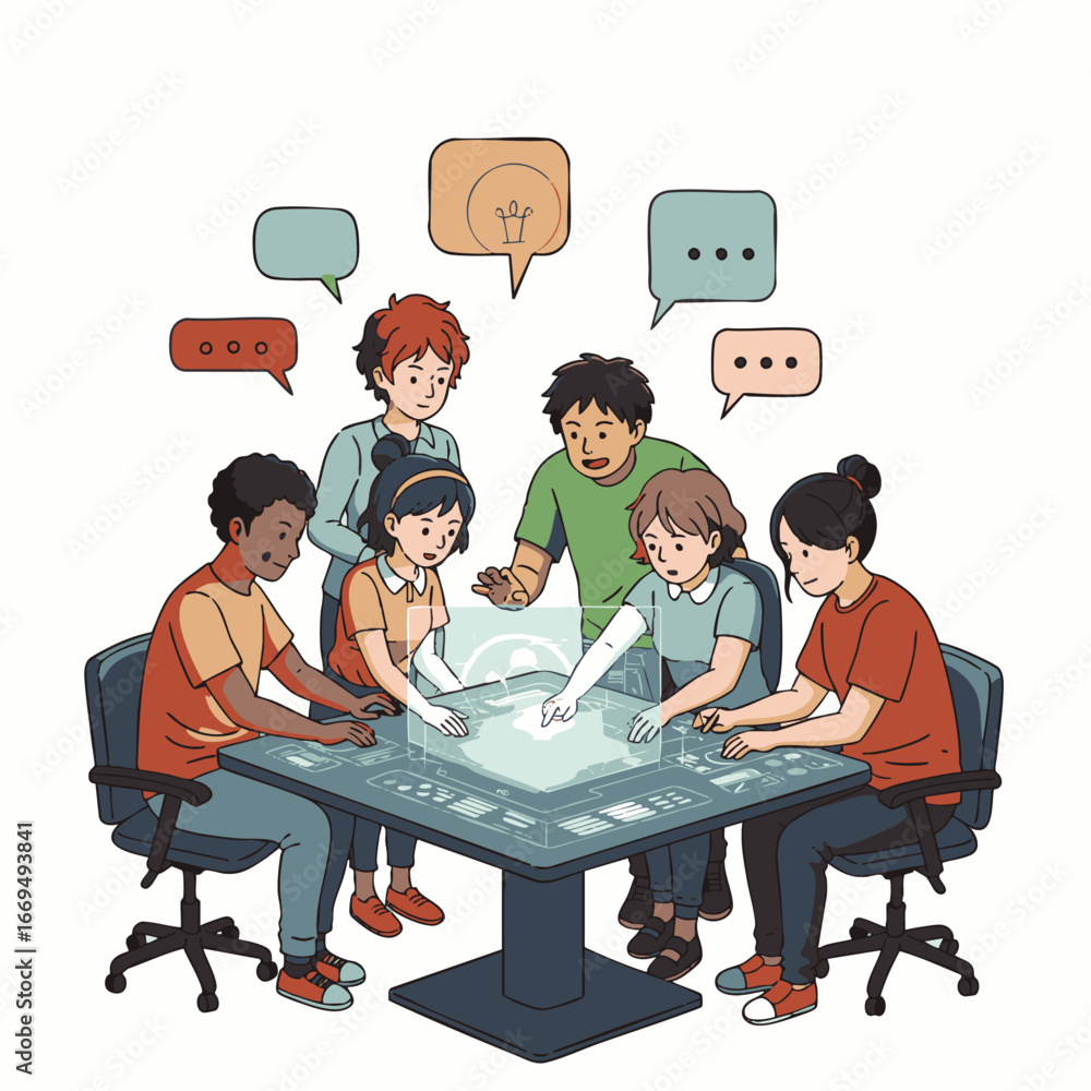Poster diverse young people collaborate around an interactive table, fostering innovative ideas and dynamic
