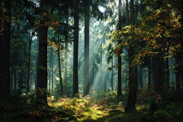 Obraz premium Sunlight filtering through autumn forest trees creates a tranquil atmosphere in lush green woods, emphasizing the beauty of nature during this serene season