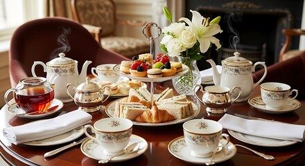 Elegant afternoon tea setting with delicate sandwiches, pastries, and steaming cups of tea food item background