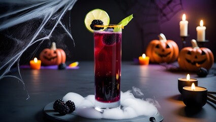 A spooky Halloween-themed drink. This drink comes in a tall, clear glass, filled with dark red berry juice and sparkling bubbles. With fresh blackberries and a slice of lime on the rim.